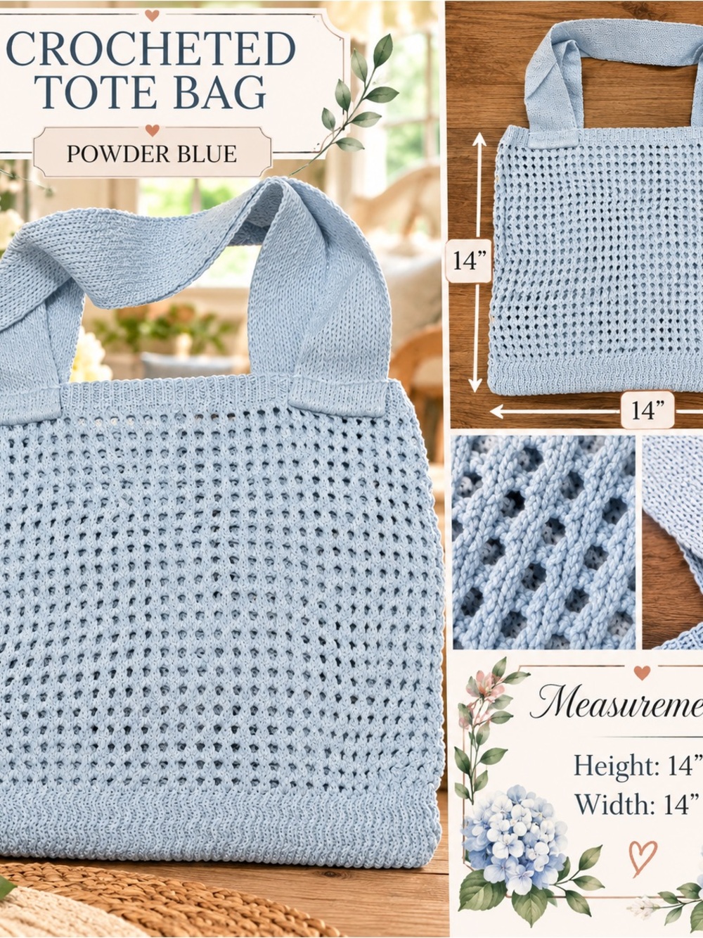 Powder Blue Crocheted Tote Bag - Women's Everyday Tote